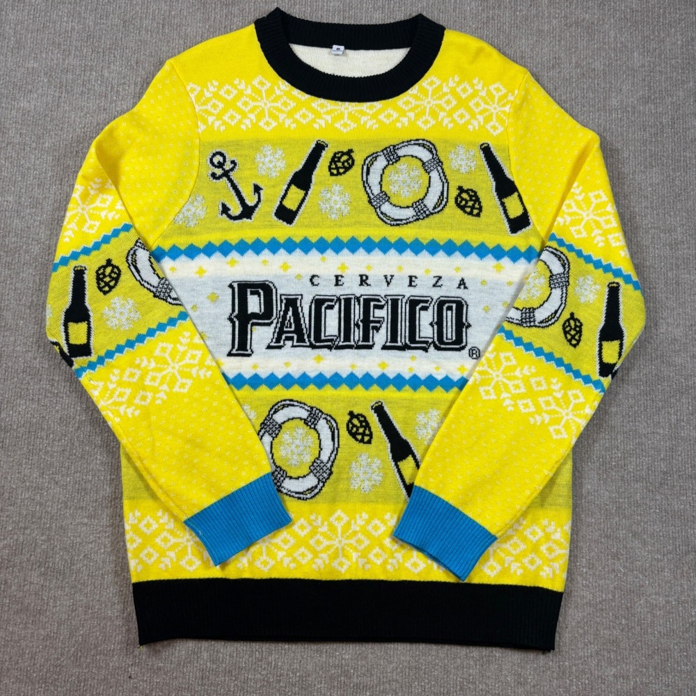Pacifico Cerveza Yellow Ugly Christmas Sweater Adult Size Medium EUC - Picture 2 of 8